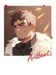  1boy ardbert_(ff14) armor bara blood blood_on_face blue_eyes brown_hair coat facial_hair final_fantasy final_fantasy_xiv goatee highres hyur jiecaoxiong male_focus short_hair solo stubble upper_body warrior_(final_fantasy) 