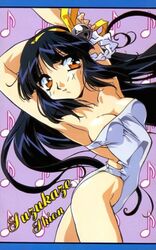  1990s_(style) arms_up bell black_hair breasts character_name cleavage female hair_bell hair_ornament idol_project jingle_bell long_hair lowres medium_breasts musical_note non-web_source official_art one-piece_swimsuit orange_eyes patterned_background retro_artstyle solo strapless strapless_one-piece_swimsuit suzukaze_shion suzuki_noritaka swimsuit twisted_torso white_one-piece_swimsuit 