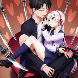  1boy black_footwear black_hair blue_skirt blue_socks box brown_eyes chocolate dai_tokyo_oniyome-den dated eye_contact feeding female gakuran hair_ribbon hanafuda_jinta harayukisodati heart heart-shaped_box highres horns kneehighs long_hair long_sleeves looking_at_another manaka_douji oni_horns planted red_ribbon ribbon school_uniform serafuku shirt short_hair sitting sitting_on_lap sitting_on_person skirt socks straight sweat sword very_long_hair weapon white_hair white_shirt 