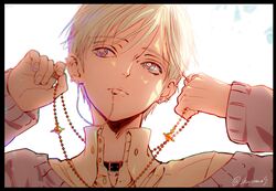  1boy beads black_border blonde_hair blue_eyes blurry border closed_mouth collar collared_shirt commentary depth_of_field ear_piercing fingernails hands_up holding jewelry kuo_tasuku linked_piercing lip_piercing lips long_sleeves looking_afar male_focus nana_(series) necklace off_shoulder okazaki_shin&#039;ichi piercing portrait punk ring shirt short_hair sideways_glance simple_background solo sweater vivienne_westwood white_background 