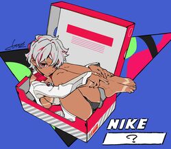  absurdres bare_legs barefoot black_panties breasts dark-skinned_female dark_skin female full_body grey_hair highres long_sleeves nike_(company) original panties personification red_eyes shoes short_hair sideboob solo tan tanlines tarou2 underwear 