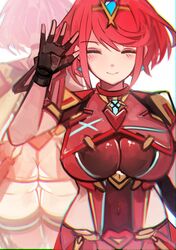  absurdres arm_up armor ass back backless_outfit black_gloves bob_cut breasts closed_eyes closed_mouth drop_earrings earrings female fingerless_gloves gloves highres impossible_clothes jewelry large_breasts micro_shorts multiple_views pyra_(xenoblade) red_eyes red_shorts short_hair short_shorts short_sleeves shorts simple_background skindentation smile tarbo_(exxxpiation) thighhighs tiara white_background xenoblade_chronicles_(series) xenoblade_chronicles_2 