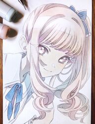  1other akiyama_mizuki bad_id bad_twitter_id blue_bow blue_ribbon bow closed_mouth collared_shirt eyebrows_hidden_by_hair eyelashes eyes_visible_through_hair graphite_(medium) hairbow highres looking_at_viewer marker marker_(medium) mechanical_pencil neck_ribbon pato_(ptro) pencil photo_(medium) pink_eyes pink_hair project_sekai ribbon shirt side_ponytail sidelocks smile solo table traditional_media white_shirt 