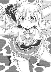  absurdres bell blush blush_stickers bow breasts bright_pupils commentary_request female greyscale hair_between_eyes highres kantai_collection large_breasts long_hair long_sleeves monochrome outstretched_arms pola_(kancolle) poyo_(hellmayuge) screentones side-tie_legwear sidelocks skirt solo thick_eyebrows thighhighs zettai_ryouiki 