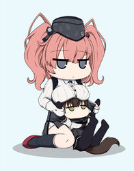  2girls anchor_symbol atlanta_(kancolle) black_bodysuit black_footwear black_gloves black_headwear black_sailor_collar black_skirt bodysuit boots breast_rest breasts brown_eyes brown_hair chibi corset dress_shirt earrings full_body garrison_cap garter_straps gloves grey_eyes hair_flaps hat hatsuzuki_(kancolle) high-waist_skirt highres jewelry kantai_collection large_breasts long_hair long_sleeves multiple_girls neckerchief partially_fingerless_gloves pleated_skirt sailor_collar school_uniform serafuku shirt short_hair skirt star_(symbol) star_earrings suspender_skirt suspenders thigh_strap two_side_up white_gloves white_shirt yakuto007 