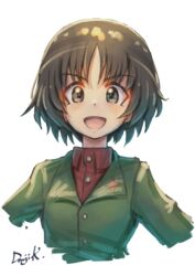  :d alina_(girls_und_panzer) black_hair brown_eyes female girls_und_panzer highres kuroneko_douji looking_at_viewer military military_uniform open_mouth pravda_school_uniform school_uniform short_hair signature smile solo uniform upper_body white_background 