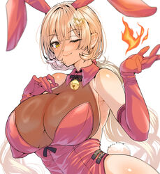  animal_ears bare_shoulders bell blonde_hair blush breasts cleavage closed_mouth elbow_gloves fake_animal_ears female fire gloves hair_ornament heart heart_hair_ornament highleg highleg_leotard highres jingle_bell large_breasts leotard long_hair looking_at_viewer nijisanji nui_sociere one_eye_closed playboy_bunny rabbit_ears rabbit_tail red_gloves red_leotard see-through see-through_cleavage smile solo tail virtual_youtuber wakura_(gcdan) yellow_eyes 