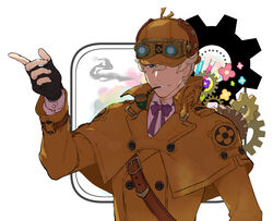  1boy black_gloves blonde_hair blue_eyes brown_capelet brown_hat brown_jacket capelet fingerless_gloves gears gloves goggles goggles_on_headwear gyakuten_saiban hand_up hat herlock_sholmes jacket long_sleeves looking_at_viewer male_focus mikami mouth_hold neck_ribbon pipe_in_mouth purple_ribbon ribbon short_hair simple_background smile smoking smoking_pipe solo the_great_ace_attorney the_great_ace_attorney:_adventures upper_body vial white_background 