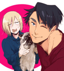  2boys ;) bad_id bad_pixiv_id black_hair blonde_hair blue_eyes con_potata feline green_eyes hair_over_one_eye hood hoodie jean-jacques_leroy male_focus multiple_boys one_eye_closed puma_tiger_scorpion smile yuri!!!_on_ice yuri_plisetsky 