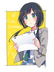  black_hair blush commentary_request female fuji_fujino green_eyes long_hair low_twintails paper shirobako skirt solo twintails yasuhara_ema 