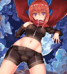  alternate_costume ashu bike_shorts blush bow breasts cloud commentary_request cropped_jacket female hairbow long_sleeves looking_at_viewer medium_breasts midriff navel night red_eyes red_hair sekibanki sky solo star_(sky) starry_sky touhou 