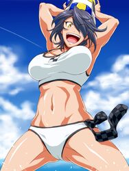  :d alternate_costume ball bikini breasts checkered_necktie commentary_request crop_top duplicate female headgear kantai_collection large_breasts midriff navel necktie open_mouth pixel-perfect_duplicate purple_hair short_hair smile solo swimsuit tan taut_clothes taut_swimsuit tenryuu_(kancolle) tenryuu_(swimsuit_mode)_(kancolle) tsuzuki_masumi volleyball volleyball_(object) white_bikini yellow_eyes 