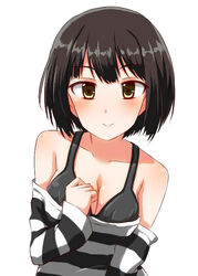  black_hair breasts commentary_request female idolmaster idolmaster_cinderella_girls medium_breasts pochita_(pochitaiko) short_hair simple_background smile solo takafuji_kako yellow_eyes 