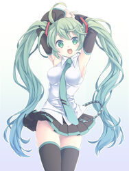  armpits arms_up bad_id bad_pixiv_id detached_sleeves female green_eyes green_hair hatsune_miku levka long_hair necktie open_mouth skirt solo thighhighs twintails very_long_hair vocaloid 