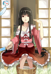  black_hair breasts bucket cleavage collarbone commentary_request deetamu dress fanning_face female food gari_gari-kun grass highres hime_cut houraisan_kaguya long_hair long_sleeves medium_breasts off_shoulder open_clothes open_dress open_mouth popsicle red_eyes shirt sitting skirt soaking_feet solo sweat touhou veranda very_long_hair wide_sleeves wind_chime wooden_bucket 