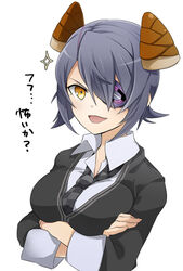  alternate_headwear bad_id bad_pixiv_id bamboo_shoot blue_hair candy checkered_necktie chocolate crossed_arms eyepatch female food headgear kantai_collection looking_at_viewer necktie open_mouth photoshop_(medium) solo sparkle suzuka_(rekkyo) takenoko_no_sato tenryuu_(kancolle) translated yellow_eyes 