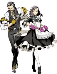  1boy 7th_dragon_(series) 7th_dragon_iii black_hair butler crossed_legs dress facial_hair female fingerless_gloves full_body gloves god-hand_(7th_dragon) maid miwa_shirow moustache official_art pantyhose scar transparent_background vest watson_cross yellow_eyes 