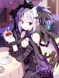  :d bare_shoulders black_bow black_dress blush bow breasts brown_eyes bush chair chouhakai!!_barbarossa cleavage commentary_request cup curled_horns day demon_girl demon_wings detached_sleeves dress female fingernails flower frilled_dress frills givuchoko grey_wings hair_between_eyes hair_flower hair_ornament hairbow hands_up heterochromia holding holding_cup horns long_sleeves looking_at_viewer medium_breasts nail_polish oerba_yun_fang on_chair open_mouth outdoors pointy_ears purple_flower purple_nails purple_rose red_eyes rose saucer sidelocks silver_hair sitting smile solo spoon strapless strapless_dress sugar_cube table tea teacup tiara twintails window wings wrist_cuffs 