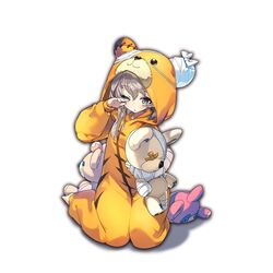  animal_costume bandages bear_costume boko_(girls_und_panzer) brown_eyes brown_hair female girls_und_panzer hand_on_own_face holding holding_stuffed_toy hood hood_up last_period long_hair long_sleeves official_art shimada_arisu simple_background sitting solo stuffed_animal stuffed_toy teddy_bear wariza white_background whoopin wince 