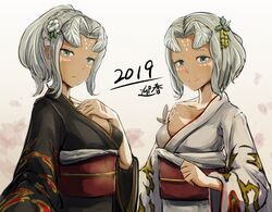  2019 2girls antennae blue_eyes breasts cleavage dark_skin godzilla:_city_on_the_edge_of_battle godzilla:_monster_planet godzilla:_the_planet_eater godzilla_(series) hair_ornament houtua japanese_clothes kimono maina miana monster_girl multiple_girls polygon_pictures siblings sisters small_breasts smile tattoo toho_(film_company) tribal tribal_tattoo twins white_hair 