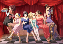  annie_leonhardt black_eyes black_hair blonde_hair blue_eyes bow brown_eyes brown_hair christa_renz dress drink elbow_gloves food garter glasses gloves group hanji_zoe mikasa_ackerman necklace null_(chronix) ponytail sasha_browse shingeki_no_kyojin short_hair ymir_(shingeki_no_kyojin) 