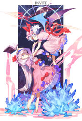  2girls bad_id bad_pixiv_id barefoot bat_wings blue_bow book bow dress eye_contact floating full_body full_moon hat hat_ribbon highres light_purple_hair long_hair looking_at_another mob_cap moon multiple_girls patchouli_knowledge photoshop_(medium) pink_dress purple_eyes purple_hair red_bow red_eyes red_ribbon remilia_scarlet ribbon sash sidelocks spear_the_gungnir touhou very_long_hair wings yai_(hachihito) 