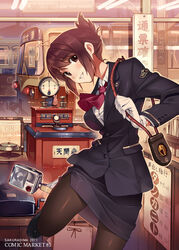  black_pantyhose brown_eyes brown_hair commentary_request female gloves grin kirenenko_(usavich) locomotive looking_at_viewer original painttool_sai_(medium) pantyhose pencil_skirt revision short_hair skirt smile solo tablet_instrument_block_device temma_rin train train_attendant travel_attendant uniform usavich vania600 