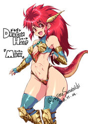  :d armlet armor bikini_armor boots breasts commentary_request dragon_girl dragon_half dragon_horns dragon_tail elbow_gloves female gauntlets gloves highres horns long_hair looking_at_viewer mink_(dragon_half) red_eyes red_hair sanemichi_hajime simple_background smile solo tail thighhighs 