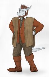  2018 anthro arlin_oxer_(character) beard biped blue_eyes boots bottomwear clothed clothing dragonborn_(dnd) dress_shirt dungeons_and_dragons facial_hair feathers footwear full-length_portrait hair hasbro hi_res horn humanoid_hands jacket male matydraws_(artist) pants plantigrade portrait scales scalie shirt shoes simple_background slightly_chubby smile smirk smug solo standing topwear vest wizards_of_the_coast 