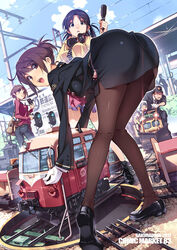  2boys 4girls :d ascot ass bag bent_over black_eyes black_hair black_legwear brown_eyes brown_hair camera character_request cloud comiket_83 commentary_request day gloves hair_ornament hairclip headphones kirenenko_(usavich) looking_at_viewer microphone miniature model multiple_boys multiple_girls open_mouth original outdoors pants pantyhose pencil_skirt power_lines rail_wars! railroad_tracks revision short_hair skirt sky smile tied_hair train train_attendant travel_attendant twintails uniform usavich vania600 white_gloves 