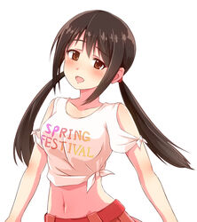  :d black_hair blush breasts brown_eyes clothes_writing commentary_request female idolmaster idolmaster_cinderella_girls idolmaster_cinderella_girls_starlight_stage long_hair medium_breasts midriff nakano_yuka navel open_mouth pochita_(pochitaiko) shirt smile solo tied_shirt tied_sleeves twintails 