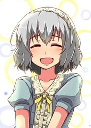  blush closed_eyes commentary_request female grey_hair hairband idolmaster idolmaster_cinderella_girls mole mole_under_eye narumiya_yume open_mouth pochita_(pochitaiko) short_hair solo 