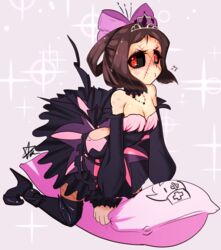  breasts brown_hair carol_(skullgirls) cleavage crown dress high_heel_boots lolita_fashion no_mask painwheel_(skullgirls) red_eyes ribbon scar skullgirls stitches thigh_boots 