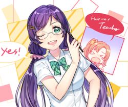  &gt;_&lt; 2girls bespectacled closed_eyes commentary_request glasses green_eyes kosaka_honoka long_hair love_live! love_live!_school_idol_festival love_live!_school_idol_project low_twintails multiple_girls one_eye_closed one_side_up open_mouth orange_hair otonokizaka_school_uniform pink_scrunchie purple_hair school_uniform scrunchie summer_uniform tiny_(tini3030) tojo_nozomi twintails 