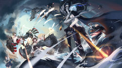  6+girls abyssal_ship ahoge aircraft airplane anchorage_water_oni armor_girls_project battle black_hair black_thighhighs blue_hair boots bow_(weapon) brown_hair bzerox cane cape cloud commentary_request damaged detached_sleeves dougi dutch_angle enemy_aircraft_(kancolle) firing flight_deck frilled_skirt frills from_below glowing glowing_eye hakama hakama_short_skirt hakama_skirt haruna_(kancolle) highres japanese_clothes kaga_(kancolle) kantai_collection kongou_(kancolle) kongou_pose legs_apart long_hair looking_at_another looking_to_the_side mechanical_arms motion_blur multiple_girls muneate ne-class_heavy_cruiser outstretched_arm outstretched_hand overcast pale_skin pants pleated_skirt projectile_trail quiver skin_tight skirt sky standing standing_on_liquid tasuki teeth thigh_boots thighhighs torn_clothes torn_pants torn_thighhighs turret walking walking_on_liquid water weapon wo-class_aircraft_carrier 