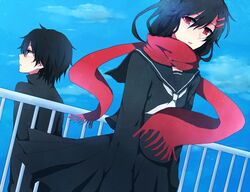  1boy black_hair blue_sky commentary_request day enpera female fringe_trim hair_ornament hairclip highres kagerou_project kisaragi_shintarou long_hair railing red_eyes red_scarf ringomaru rooftop scarf school_uniform serafuku sky tateyama_ayano 