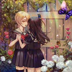  2girls after_kiss asagiri_aya black_shirt black_skirt black_thighhighs blonde_hair bow bowtie brown_hair bug butterfly commentary_request day eye_contact fence flower flower_request garden hair_between_eyes holding_hands interlocked_fingers long_hair looking_at_another mahou_shoujo_site monarch_butterfly multiple_girls open_mouth outdoors pink_flower pink_lips pleated_skirt purple_butterfly red_bow red_bowtie red_eyes red_flower sailor_collar saliva saliva_trail school_uniform serafuku shirt skirt standing takanoori_middle_school_uniform thighhighs white_flower white_sailor_collar yatsumura_tsuyuno yuri zettai_ryouiki ziiiing 