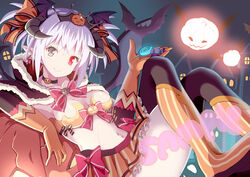  animal bat_(animal) black_cloak black_thighhighs boots bow breasts brown_eyes candy chouhakai!!_barbarossa cloak closed_mouth collarbone commentary_request crossed_legs curled_horns demon_girl demon_horns demon_wings detached_sleeves earrings fang_out female food fur-trimmed_cloak fur_trim givuchoko gloves glowing hair_between_eyes hairbow halloween head_tilt head_wings heterochromia hood hood_down hooded_cloak horns jack-o&#039;-lantern jewelry lollipop long_sleeves looking_at_viewer medium_breasts oerba_yun_fang orange_bow orange_footwear orange_gloves orange_skirt pleated_skirt pointy_ears purple_wings red_bow red_eyes sample_watermark sidelocks simple_background skirt smile solo star_(symbol) star_earrings striped_bow striped_clothes striped_footwear swirl_lollipop thighhighs thighhighs_under_boots tiara twintails vertical-striped_footwear vertical_stripes watermark wings 