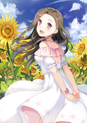  :d arms_behind_back blue_sky brown_hair circle_skirt cloud cloudy_sky commentary_request cowboy_shot day dress female floating_hair flower frilled_sleeves frills from_side highres ldfe_mk2 long_dress long_hair looking_at_viewer looking_back open_mouth original outdoors photoshop_(medium) pink_eyes short_sleeves sky smile solo standing sundress sunflower white_dress wrist_cuffs yellow_flower 