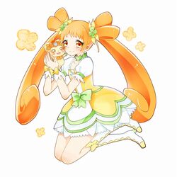  boots bow brown_eyes brown_hair choker clover clover_hair_ornament commentary_request creature cure_rosetta curly_hair dokidoki!_precure double_bun dress female flower four-leaf_clover four-leaf_clover_hair_ornament full_body green_choker hair_bun hair_flower hair_ornament hair_ribbon highres knee_boots long_hair magical_girl nogi_toa_(sorajio) precure puffy_sleeves rance_(dokidoki!_precure) ribbon smile twintails waist_bow wrist_cuffs yotsuba_alice 