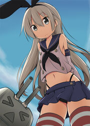  black_eyes blonde_hair commentary_request elbow_gloves female from_below gloves hairband highleg highleg_panties kantai_collection long_hair miyako_hito panties photoshop_(medium) rensouhou-chan shimakaze_(kancolle) skirt striped_clothes striped_thighhighs thighhighs underwear 