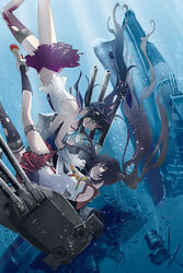  2girls air_bubble anchor_print anti-aircraft_gun armband asymmetrical_legwear autocannon battleship black_hair black_thighhighs blue_sailor_collar breasts brown_hair bubble cannon cherry_blossoms commentary_request damaged detached_sleeves gloves headgear highres hip_vent historical_event historical_name_connection immersed impossible_clothes kantai_collection kikumon long_hair machinery medium_breasts midriff military military_vehicle multiple_girls name_connection navel object_namesake operation_ten-gou pleated_skirt ponytail radar_hair_ornament range_finder red_sailor_collar red_skirt rigging rudder_footwear sailor_collar ship single_sock single_thighhigh sinking skirt sleeveless sleeves_past_wrists smokestack socks submerged teeth thigh_strap thighhighs thighs torn_clothes torn_skirt torn_thighhighs turret underwater uneven_legwear vehicle_and_personification warship watercraft white_gloves yahagi_(kancolle) yamato_(battleship) yamato_(kancolle) yellow_eyes yonasawa z_flag 