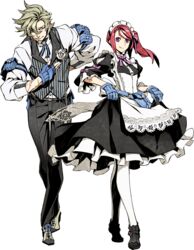  1boy 7th_dragon_(series) 7th_dragon_iii brown_hair butler crossed_legs dress facial_hair female fingerless_gloves full_body gloves goatee god-hand_(7th_dragon) maid miwa_shirow official_art red_hair scar side_ponytail transparent_background vest watson_cross 