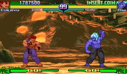  2boys akuma_(street_fighter) barefoot colored_skin commentary_request dougi evil_ryu fake_screenshot fighting_game gameplay_mechanics health_bar kuruoshiki_oni multiple_boys pixel_art purple_skin ryu_(street_fighter) street_fighter street_fighter_iv_(series) street_fighter_zero_(series) torn_clothes yg 