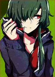  commentary_request female green_hair hair_over_one_eye hand_on_own_face hood hoodie kagerou_project kido_tsubomi long_hair red_eyes ringomaru smile solo 