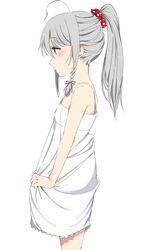  ahoge braid clothes_grab commentary_request dress dress_grab female from_side grey_eyes grey_hair hoshi_syoko idolmaster idolmaster_cinderella_girls long_hair polka_dot polka_dot_scrunchie ponytail red_scrunchie scrunchie simple_background solo sundress vivid_(key) white_background white_dress 