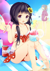  5girls :d ak1222dece bad_id bad_pixiv_id barefoot beach bikini black_hair breasts cleavage cloud day food girlfriend_(kari) innertube legs long_hair low_twintails medium_breasts morizono_mei multiple_girls open_mouth outdoors polka_dot polka_dot_bikini polka_dot_swimsuit purple_eyes shaved_ice sitting skirt sky smile solo_focus spoon swim_ring swimsuit towel twintails water 