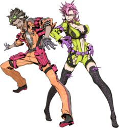  1boy 7th_dragon_(series) 7th_dragon_iii agent_(7th_dragon) black_footwear black_hair black_legwear boots breasts cleavage cross-laced_footwear dark_skin eyewear_on_head female full_body gloves huge_breasts lace-up_boots miwa_shirow navel official_art pink_hair sunglasses thigh_boots thighhighs transparent_background unzipped 