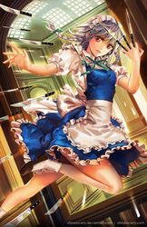  alice_jing apron bare_legs between_fingers bow braid commentary_request dutch_angle female grey_hair hairbow hallway head_tilt holding izayoi_sakuya jumping knife leg_up legs long_legs looking_at_viewer maid_headdress open_hand outstretched_arm parted_lips puffy_short_sleeves puffy_sleeves red_eyes ribbon short_hair short_sleeves skirt skirt_set socks solo thighs touhou twin_braids waist_apron watermark 