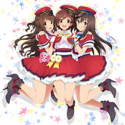  3girls brown_eyes brown_hair commentary_request dekitate_evo!_revo!_generation!_(idolmaster) green_eyes hat honda_mio idolmaster idolmaster_cinderella_girls long_hair mizuki_makoto multiple_girls new_generations_(idolmaster) one_side_up open_mouth peaked_cap photoshop_(medium) ribbon shibuya_rin shimamura_uzuki short_hair smile star_(symbol) 